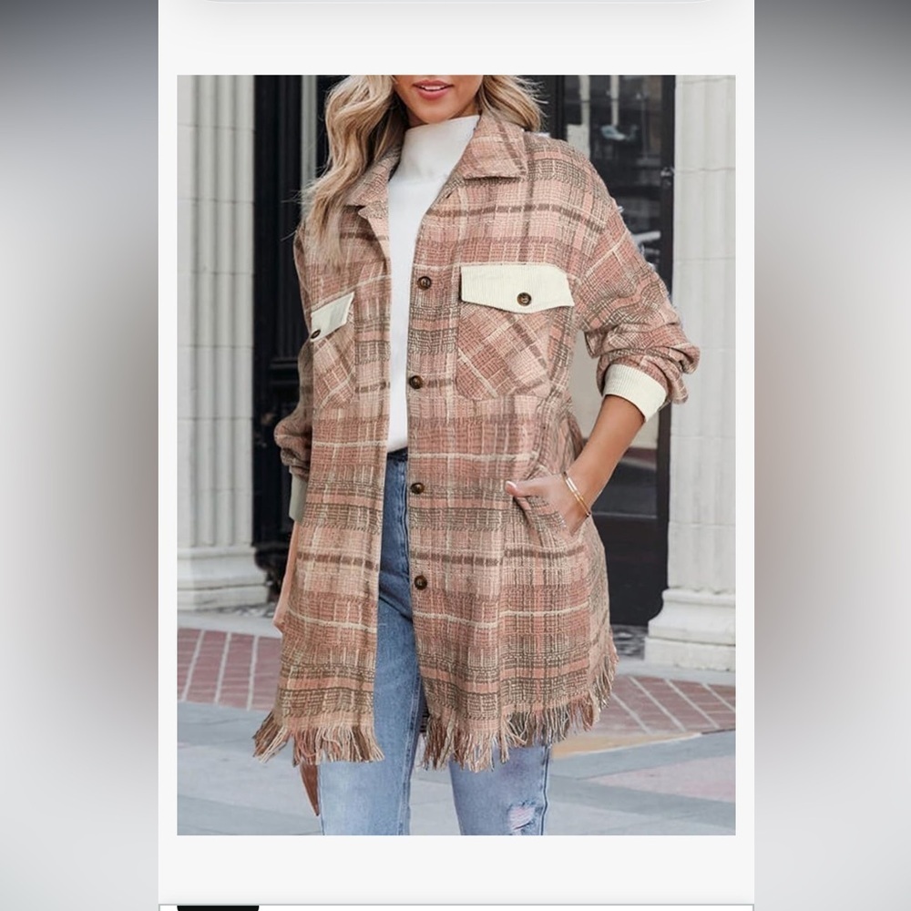 NWOT Casual Plaid Shacket Long Sleeve Button Down Oversized Shirt Jacket Coat - Picture 3 of 6